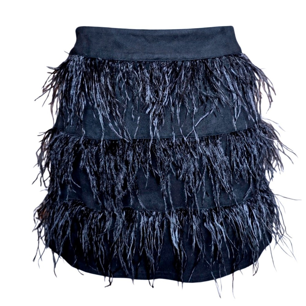 Blue B Black Feather Trim Tiered Mini Skirt Womens Medium Y2K Party Glam M